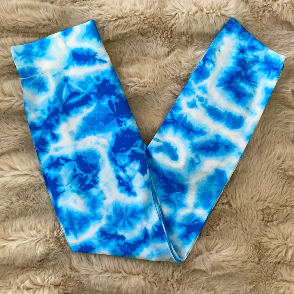 Girls 7/8 Blue + White Tie Dye Pattern Leggings